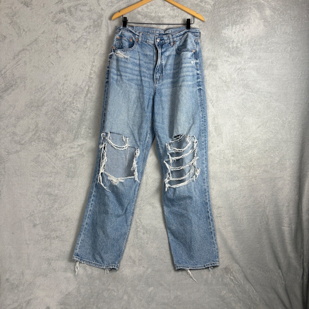 American Eagle Highest Rise Baggy Straight Jeans Distressed Light Wash 14